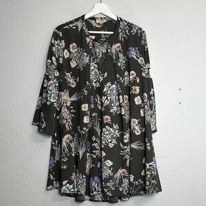 Umgee Womens Medium Gray Floral Flowy Tunic Blouse Bell Sleeve Boho Festival Top